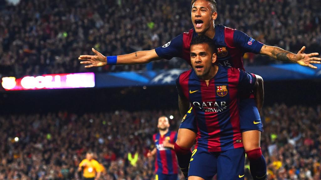 Neymar celebrates with Dani Alves