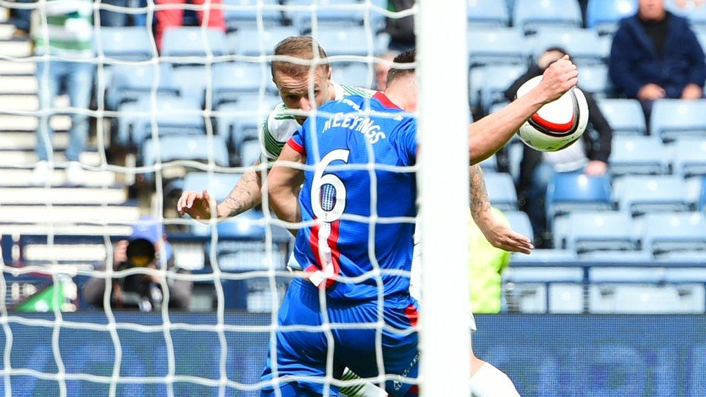 Leigh Griffiths's header is blocked by Josh Meekings' arm