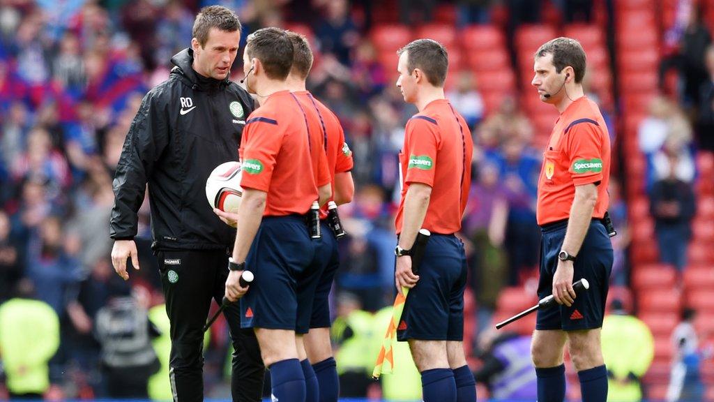 Ronny Deila speaks to the match officials after the Scottish Cup semi-final