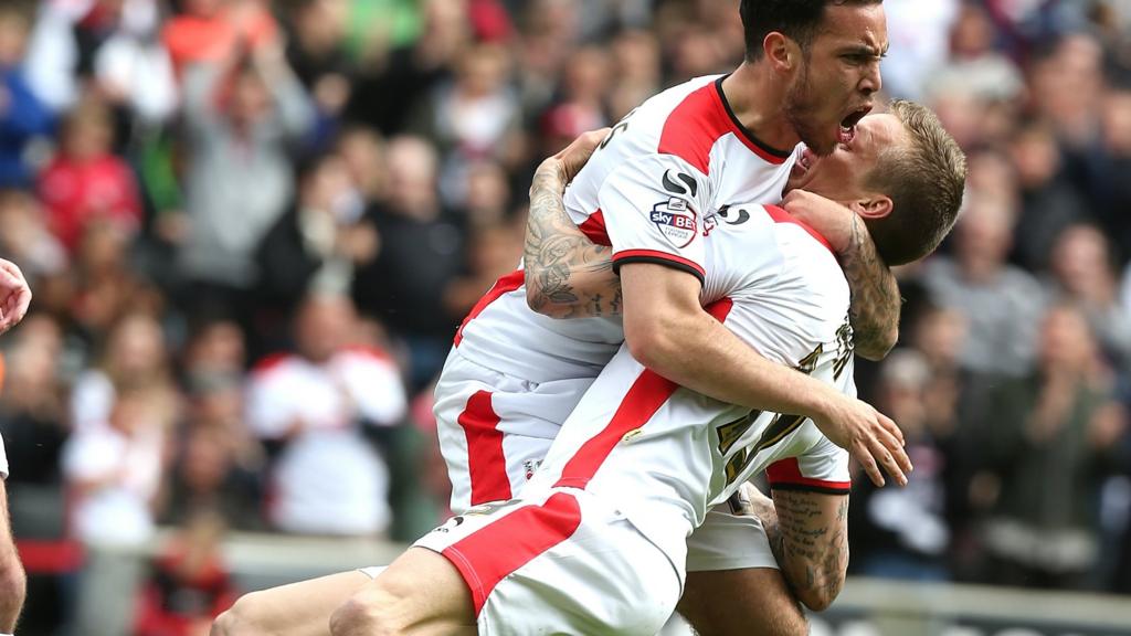 Carl Baker celebrates scoring for MK Dons