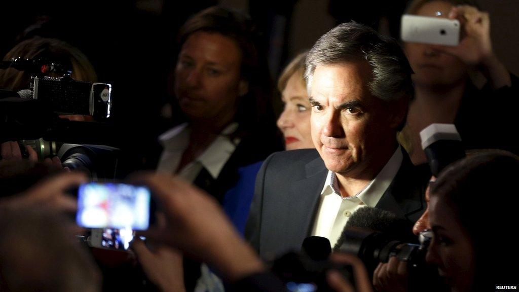 Alberta Premier and Progressive Conservative party leader Jim Prentice reacts after losing the Alberta election in Calgary, Alberta, May 5, 2015