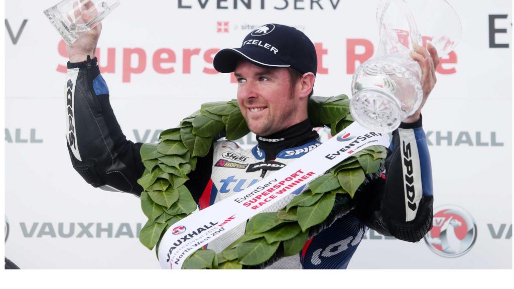 Alastair Seeley celebrates winning the NW200 Thursday Supersport race