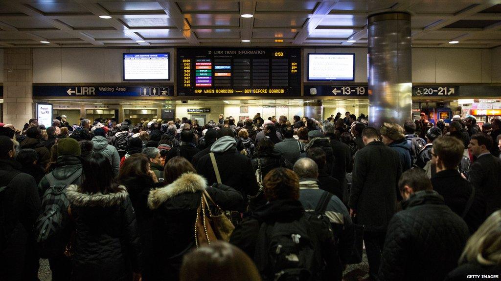 Waiting for trains at Penn Station, winter 2014