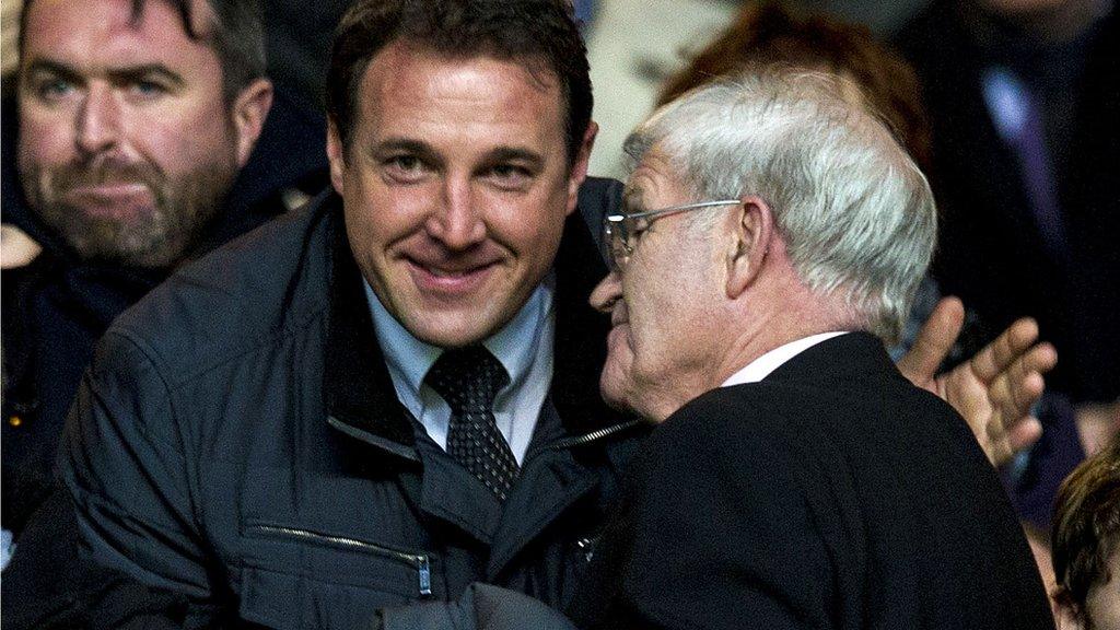 Former Celtic player Bertie Auld chats to Malky Mackay at Celtic Park