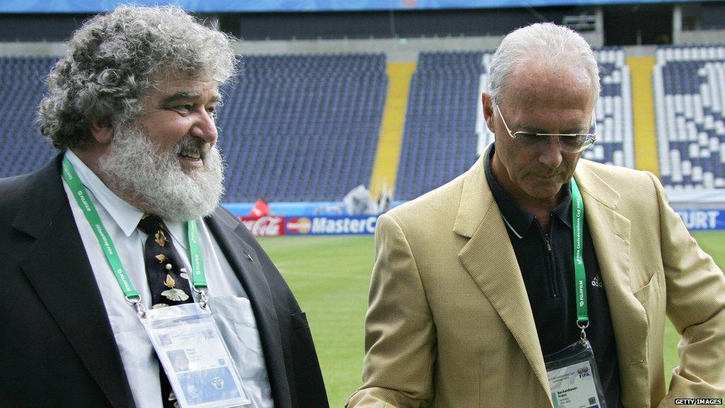 US Chuck Blazer, chairman of the FIFA organizing Committee for the Confederations Cup (L) walks with German football legend Franz Beckenbauer, president of the 2006 World Cup organizing committee, 13 June 2005