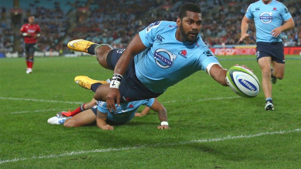 Taqele Naiyaravoro of the Waratahs scores a try during the Super Rugby match against Crusaders