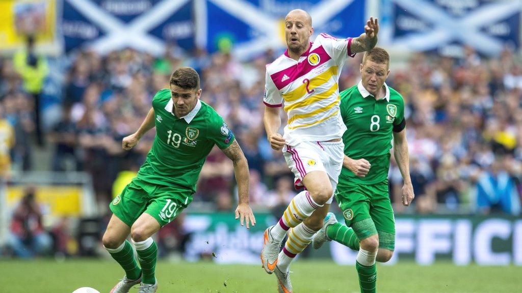 Scotland's Alan Hutton gets between Robbie Brady (left) and James McCarthy