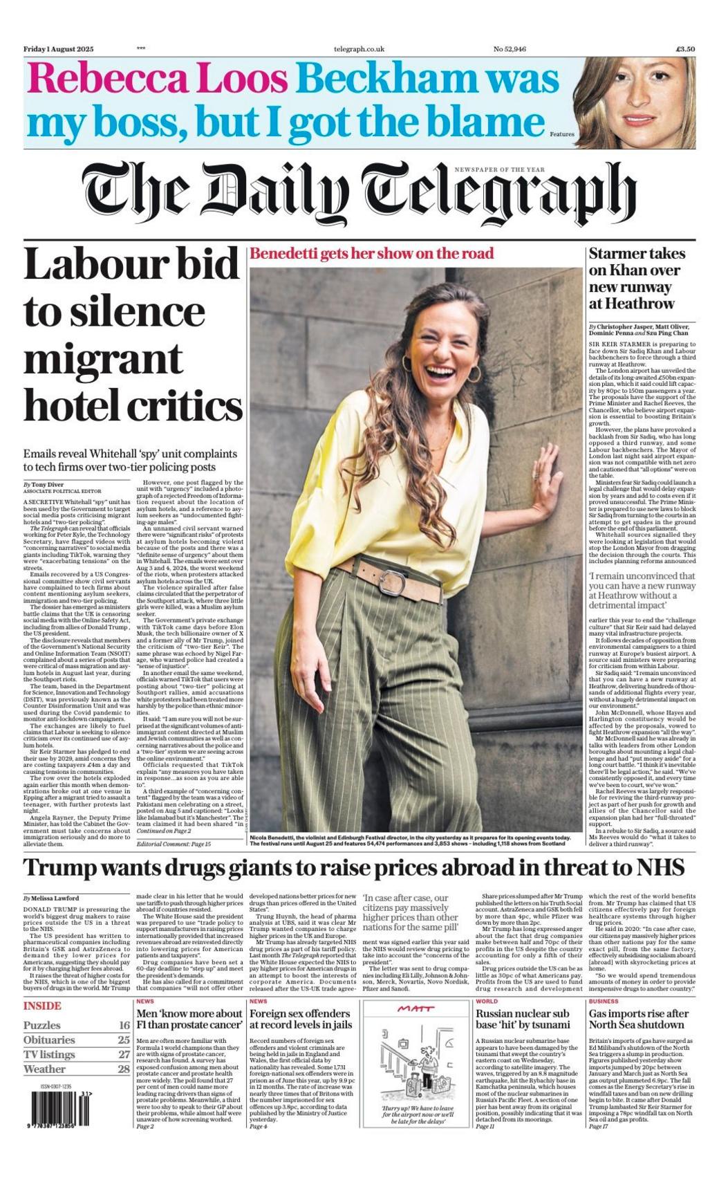 The headline on the front page of the Daily Telegraph reads: "Labour bid to silence migrant hotel critics".
