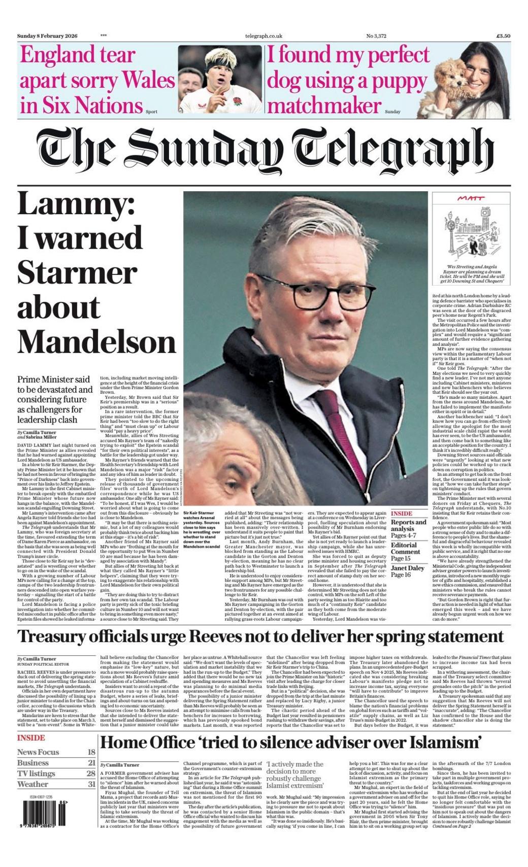 Titulli në faqen e parë të gazetës Sunday Telegraph thotë: "Lammy: E paralajmërova Starmerin për Mandelsonin."