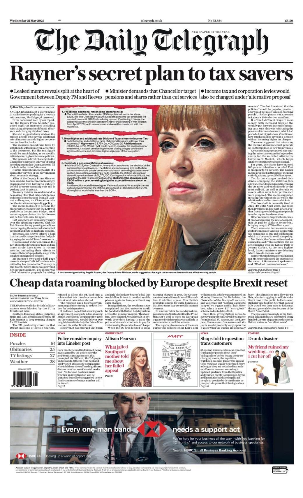 The headline of the front page of the Daily Telegraph reads: "Rayner's secret plan to tax savers".