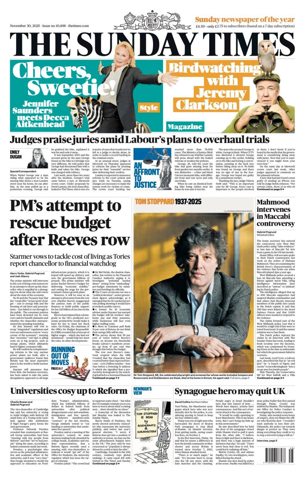 The headline on the front page of the Sunday Times reads: "PM's attempt to rescue budget after Reeves row".