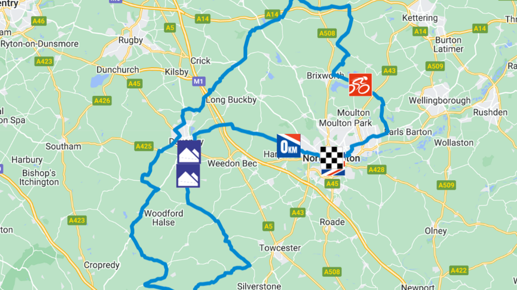 The route the Tour of Britain Men will take through Northamptonshire. It is a map of the county with the route shown as a blue line looping around the map from Northampton through the south, back up through Daventry and then back east to Northampton.