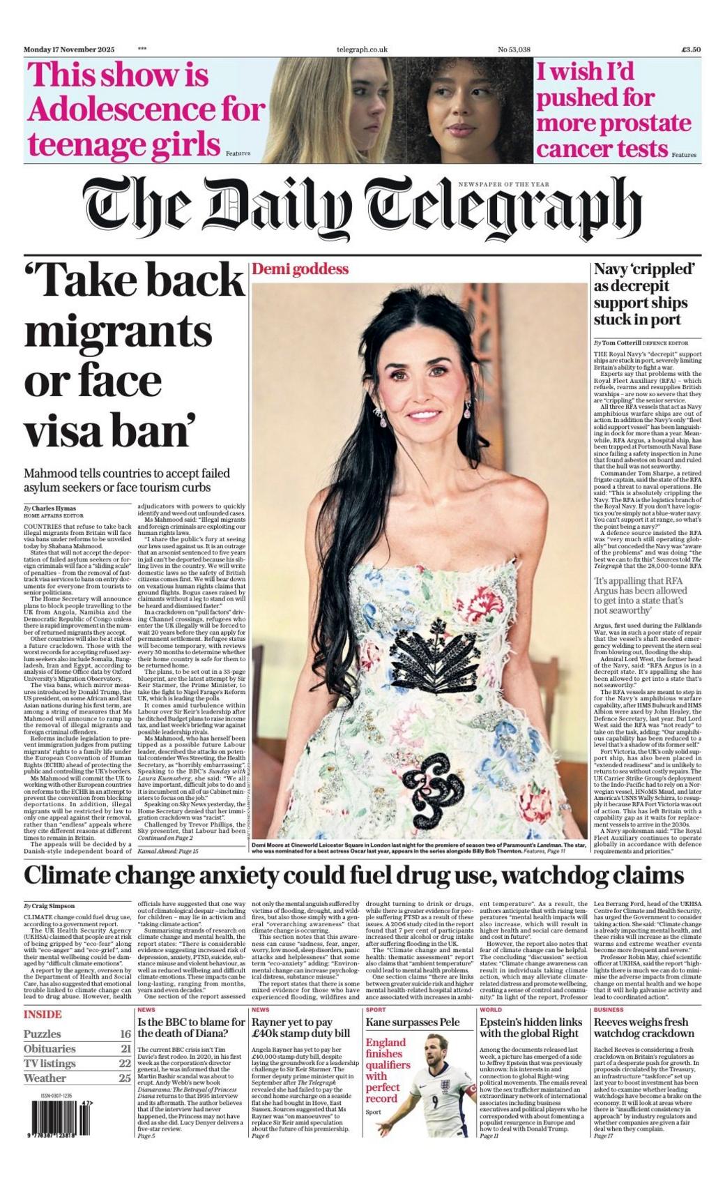 The headline on the front page of the Telegraph reads: “Take back migrants or face visa ban”.