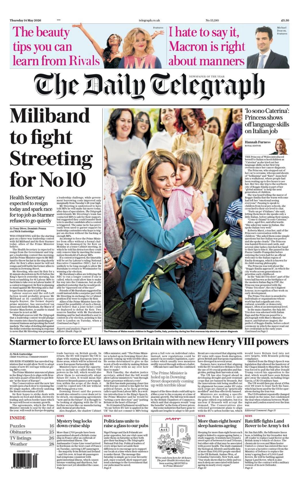 Titulli në faqen e parë të Daily Telegraph thotë: “Miliband do të luftojë kundër “Streeting” për numrin 10”.