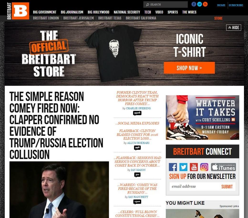 A screengrab of the "Comey fired" headlines on Breitbart news