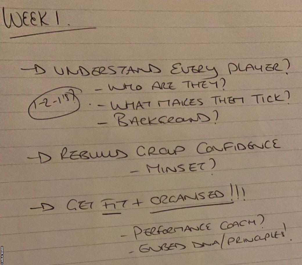 Carla Ward's note for week 1 of training at Birmingham City