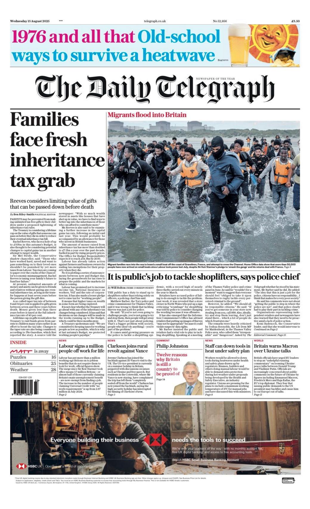 The headline on the front page of the Telegraph reads: “Families face fresh inheritance tax grab”