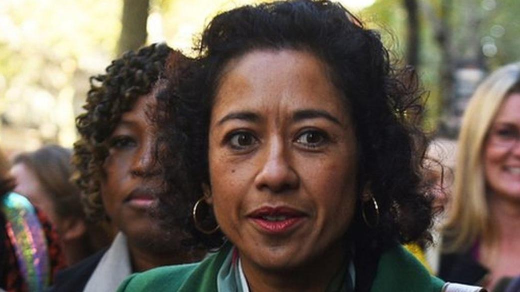 Samira Ahmed (r) and fellow BBC presenter Naga Munchetty arrive at the employment tribunal at Victory House, London on Monday morning.