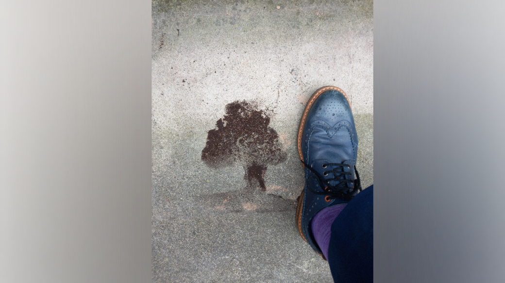 A black and brown marking in the shape of a tree on stone which looks like the Sycamore Gap tree. Howard Dawson's foot, wearing a blue brogue, stands next to it.
