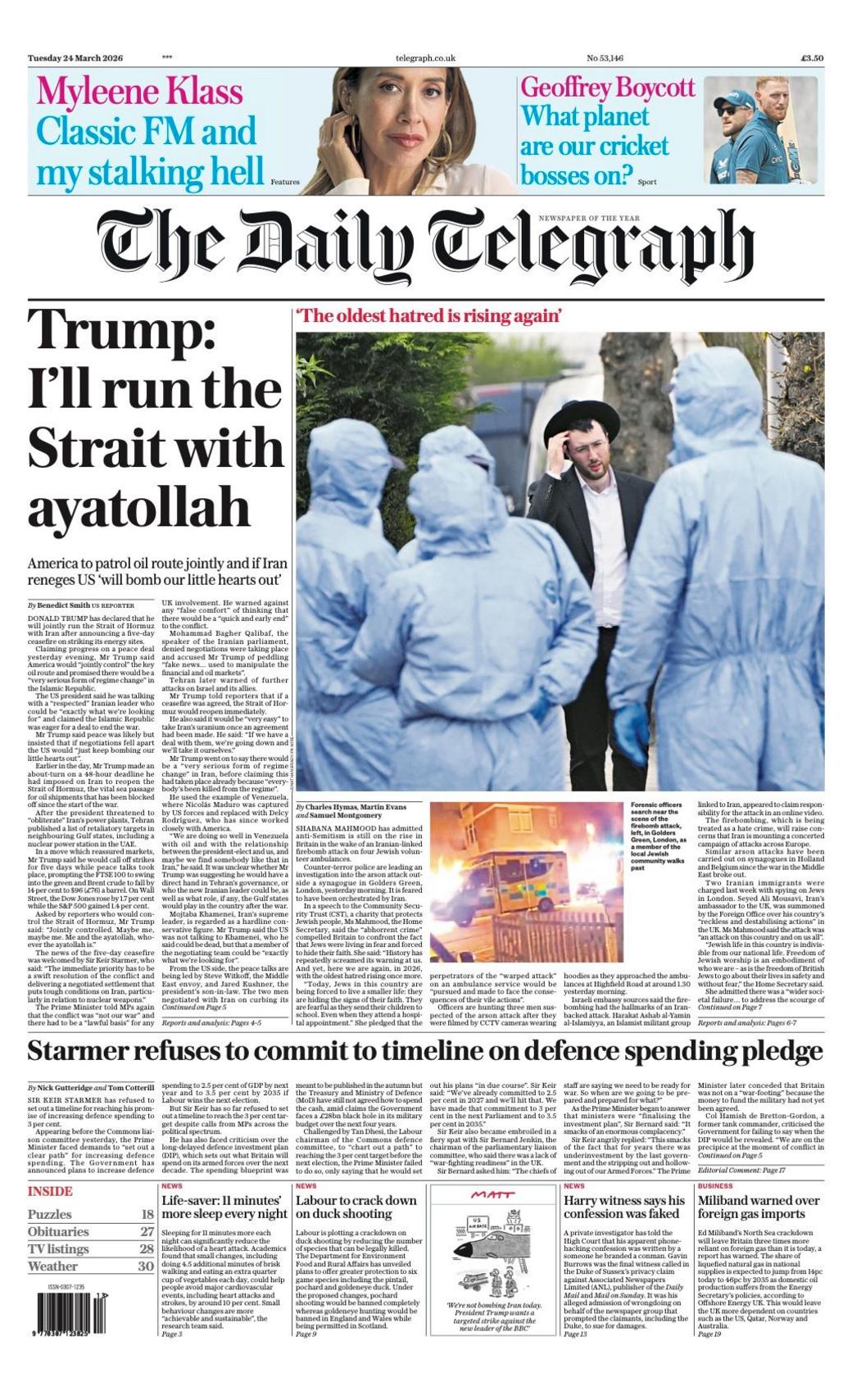 Titulli në faqen e parë të Daily Telegraph thotë: “Trump: Do ta drejtoj Ngushticën me Ajatollahun”.