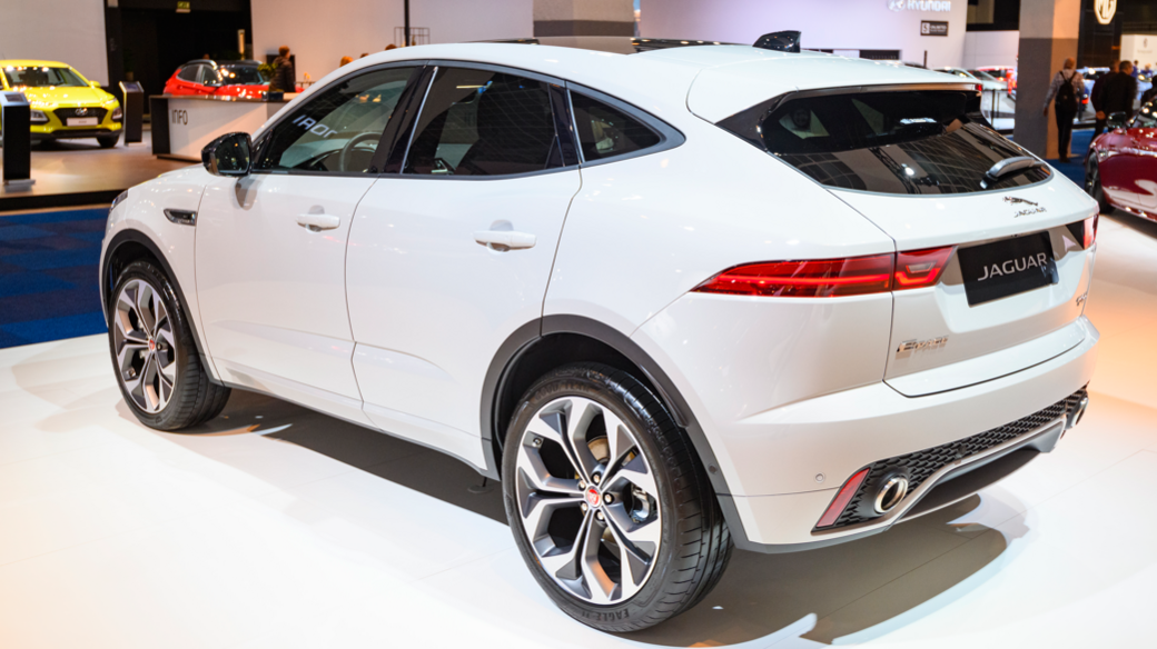 White Jaguar E-Pace compact luxury SUV on display at Brussels Expo on January 9, 2020 in Brussels