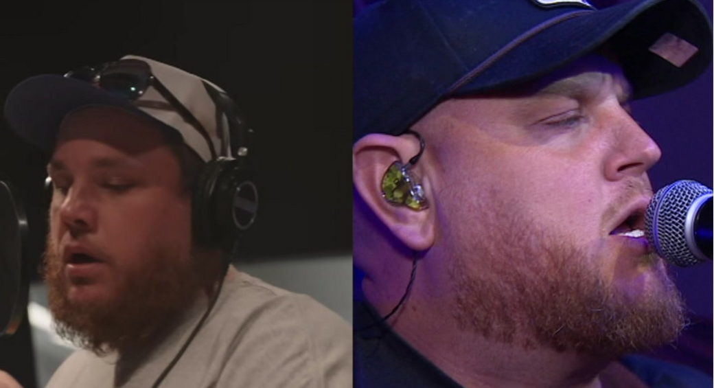 Luke Combs on the left is wearing a cap and shades and has a beard. Liam Price on the right has a cap on and beard.