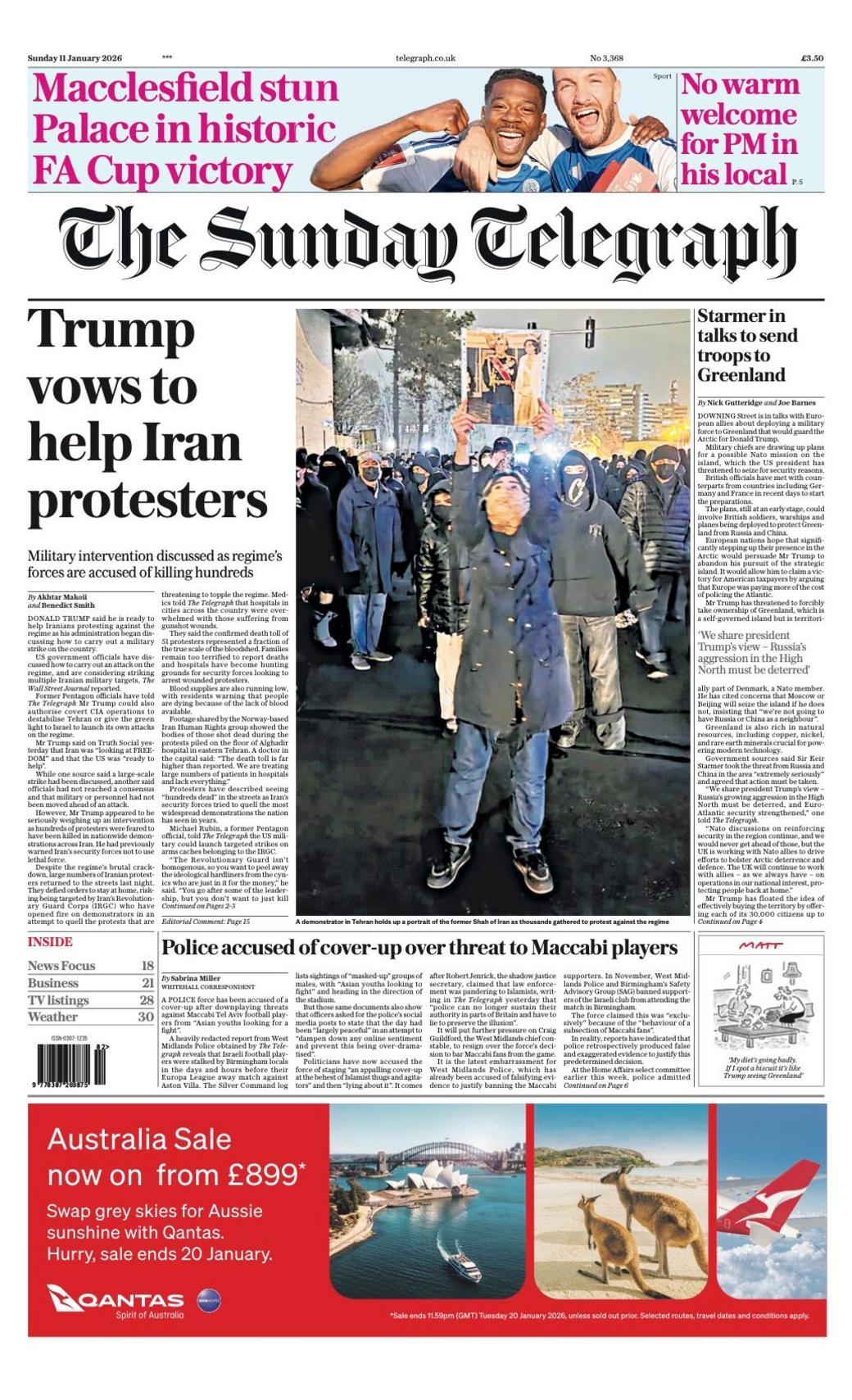 Titulli në faqen e parë të gazetës Telegraph thotë: “Trump zotohet të ndihmojë protestuesit në Iran”.
