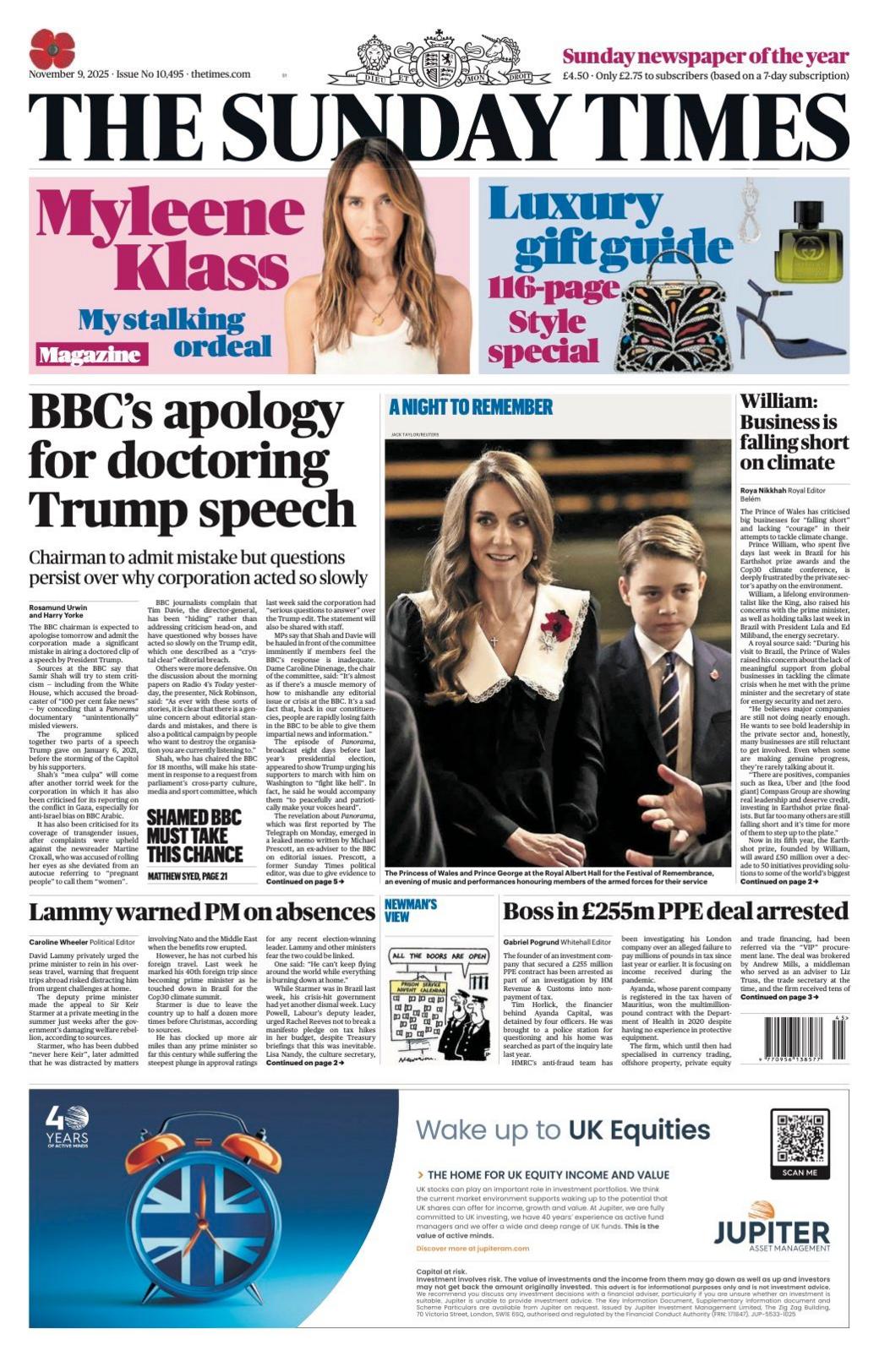 The headline on the front page of the Times reads: “BBC's apology for doctoring Trump speech”.