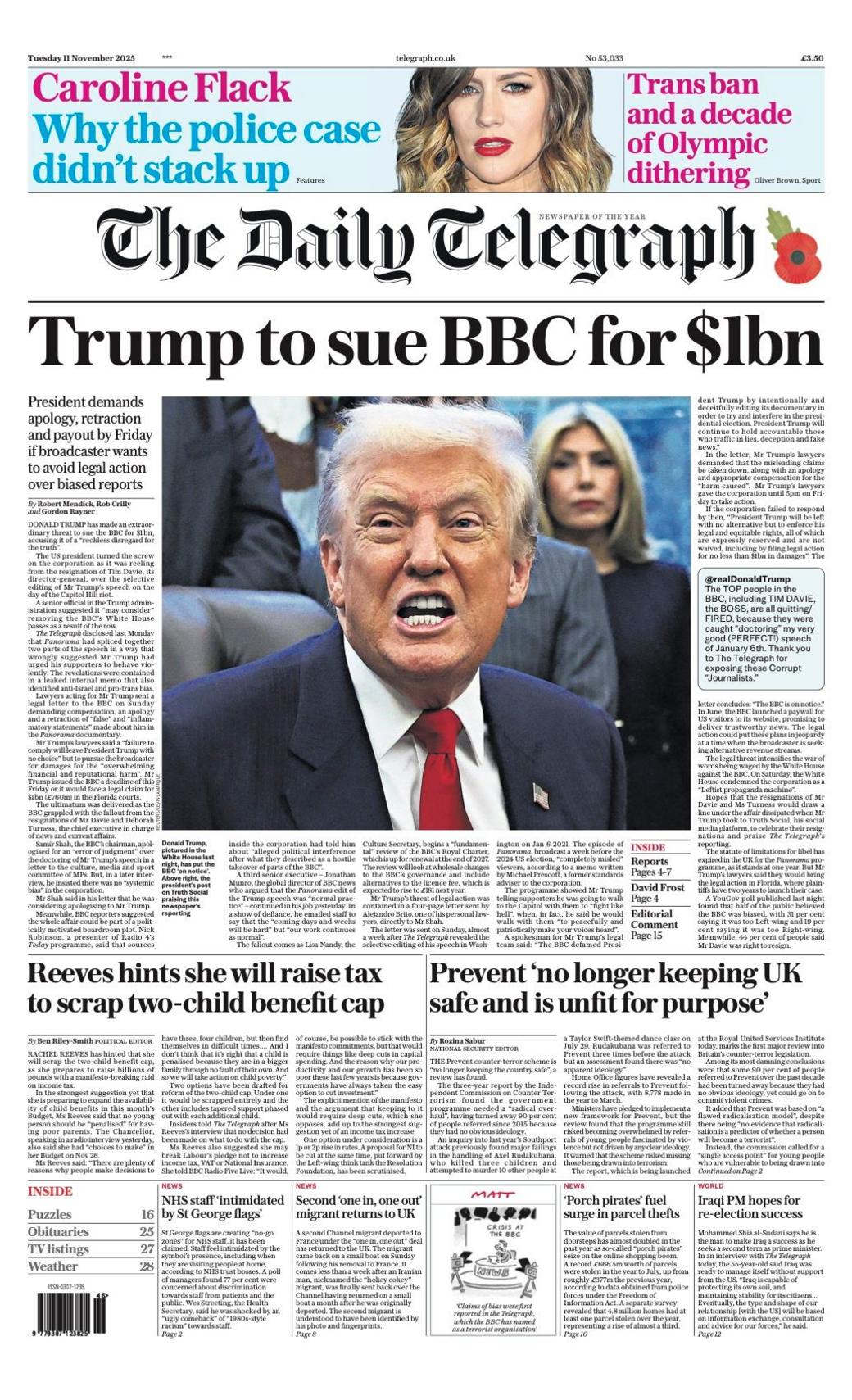 The headline on the front page of the Daily Telegraph reads: "Trump to sue BBC for $1bn".