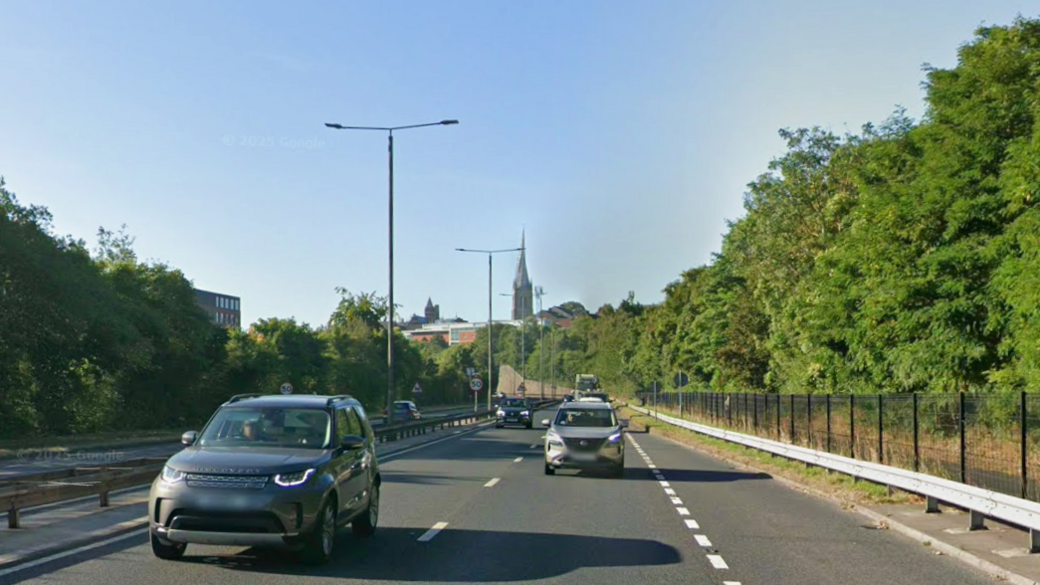 The Rother Way in Chesterfield with the crooked spire in the distance