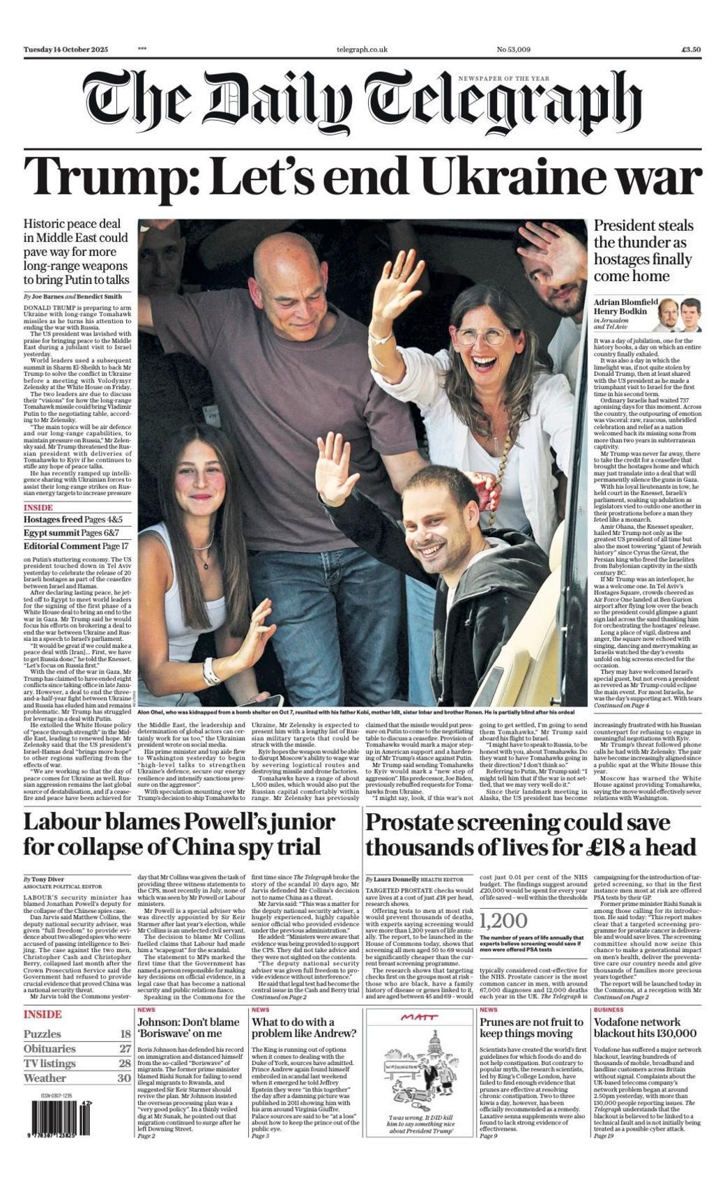 The headline on the front page of the Telegraph reads: "Trump: Let's end Ukraine war".