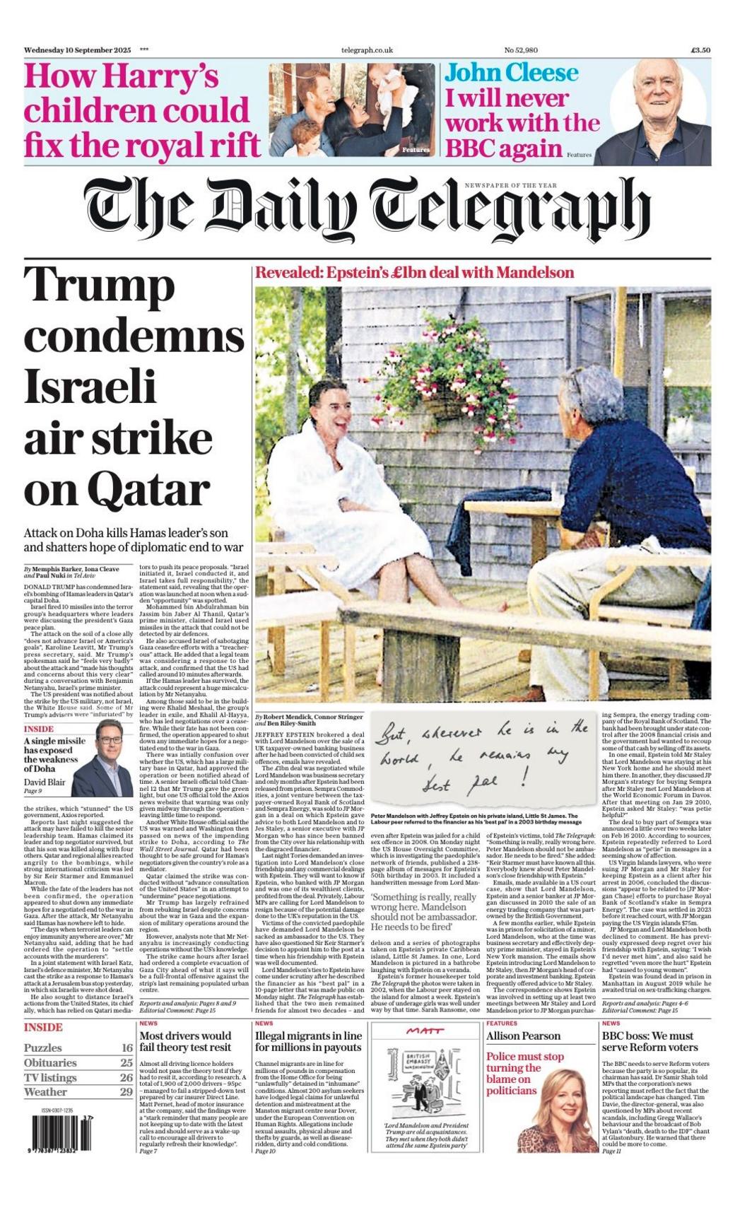 The headline on the front page of the Telegraph reads: "Trump condemns Israeli air strike on Qatar".