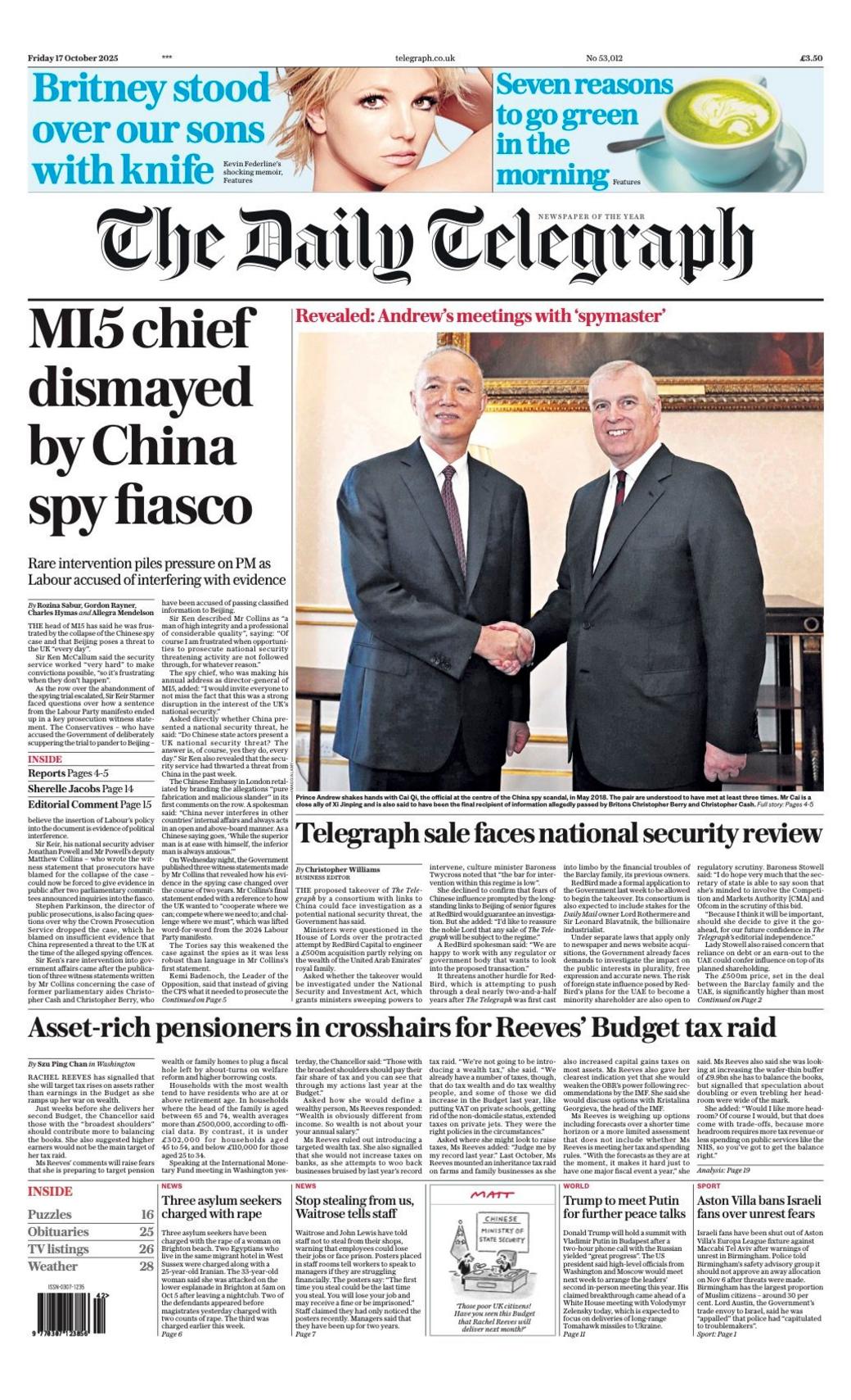 The headline on the front page of the Telegraph reads: “MI5 chief dismayed by China spy fiasco”.