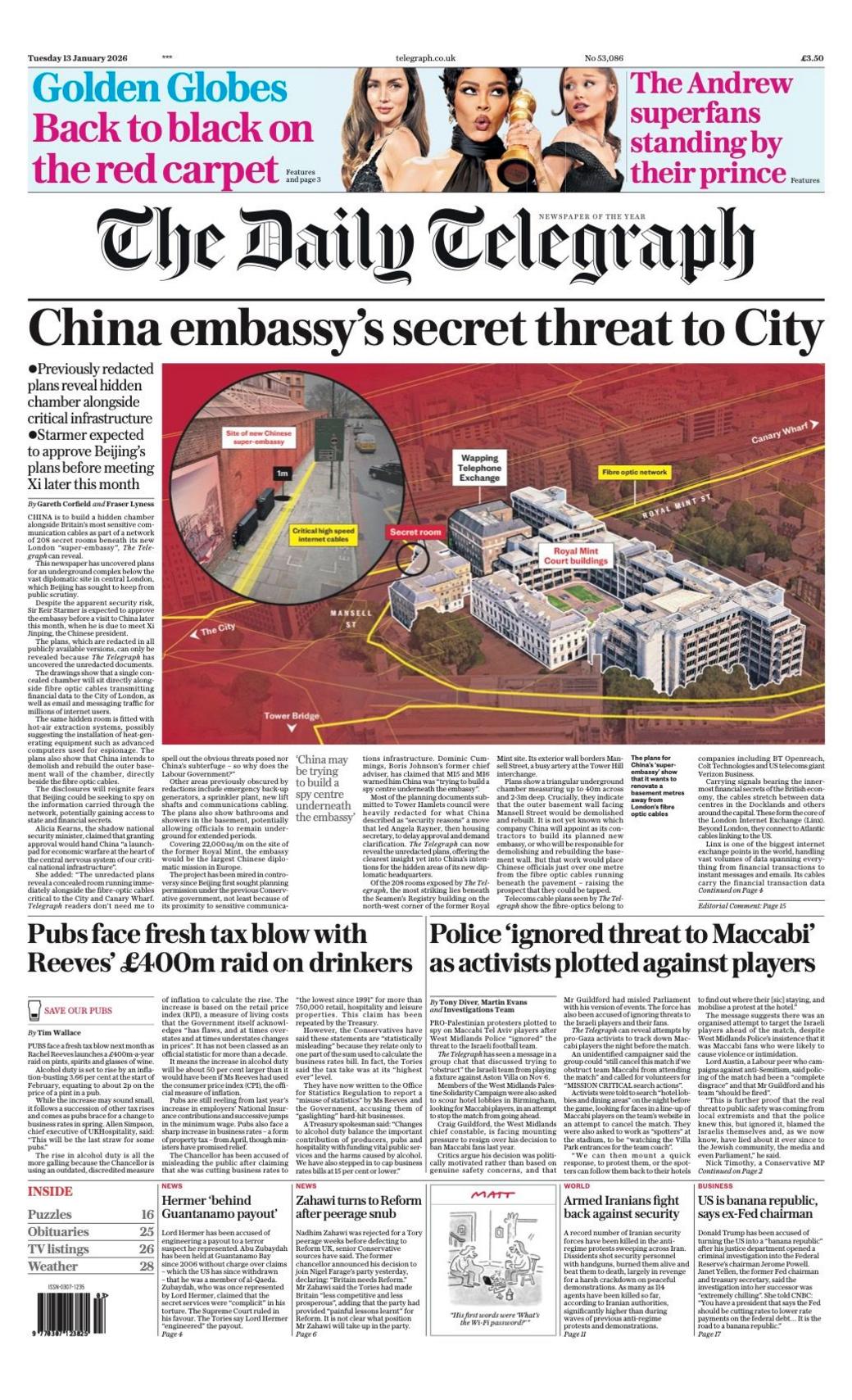 Titulli në faqen e parë të Daily Telegraph thotë: "Kërcënimi sekret i ambasadës kineze për qytetin".