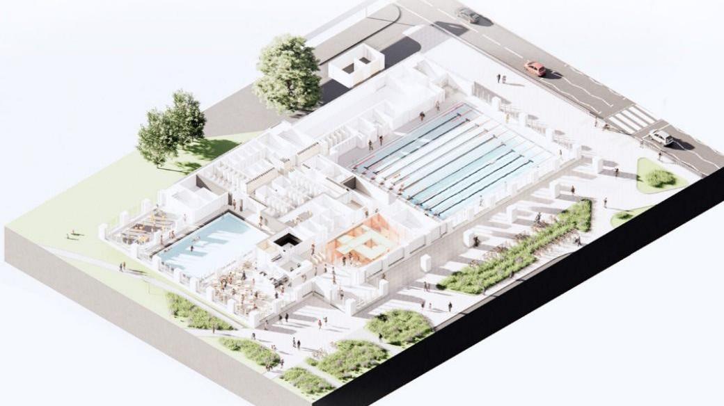 A top-down 3D CG map of what the proposed leisure centre could look like. You can see the swimming pool, changing rooms with cubicles and various other rooms.