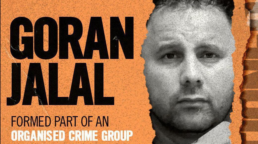 A photo of a man looking directly at camera, next to the words 'Goran Jalal, formed part of an organised crime group', as featured in UK government social media announcing sanctions against suspected people smugglers.