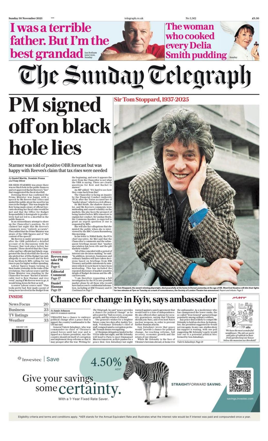 The headline on the front page of the Sunday Telegraph reads: "PM signed off on black hole lies".