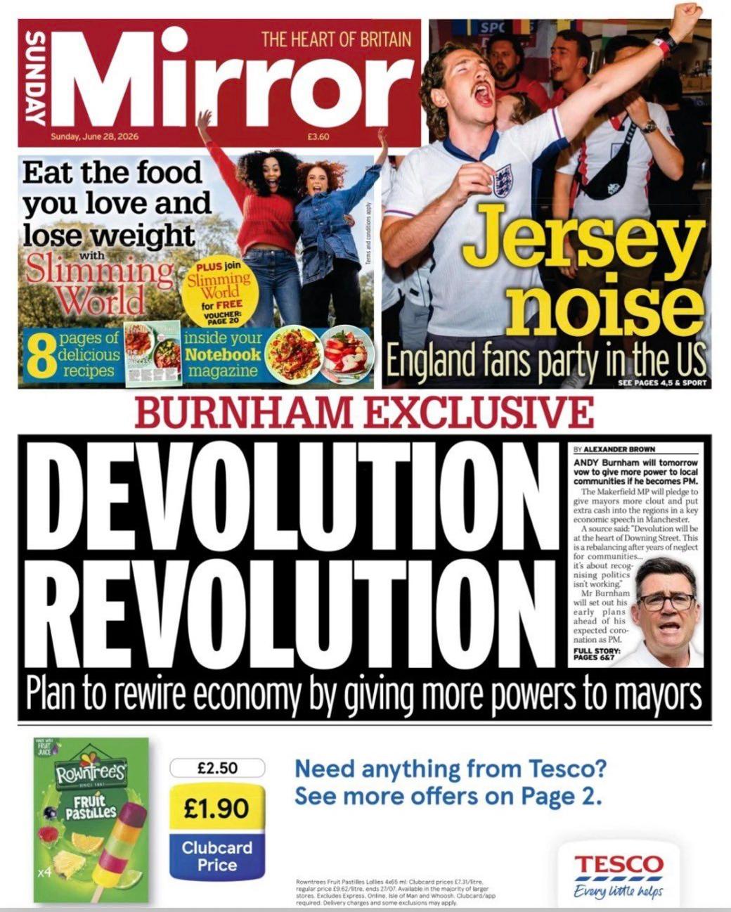 The headline on the front page of the Sunday Mirror reads: "Devolution revolution."