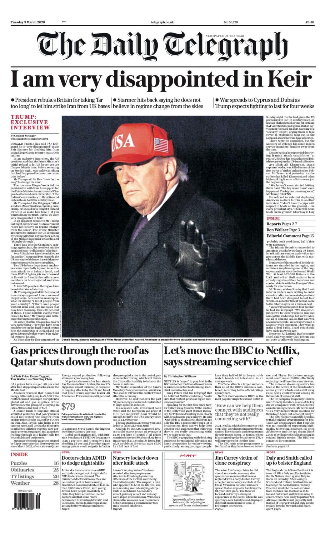 Titulli në faqen e parë të gazetës Telegraph thotë: “Jam shumë i zhgënjyer nga Keir”.