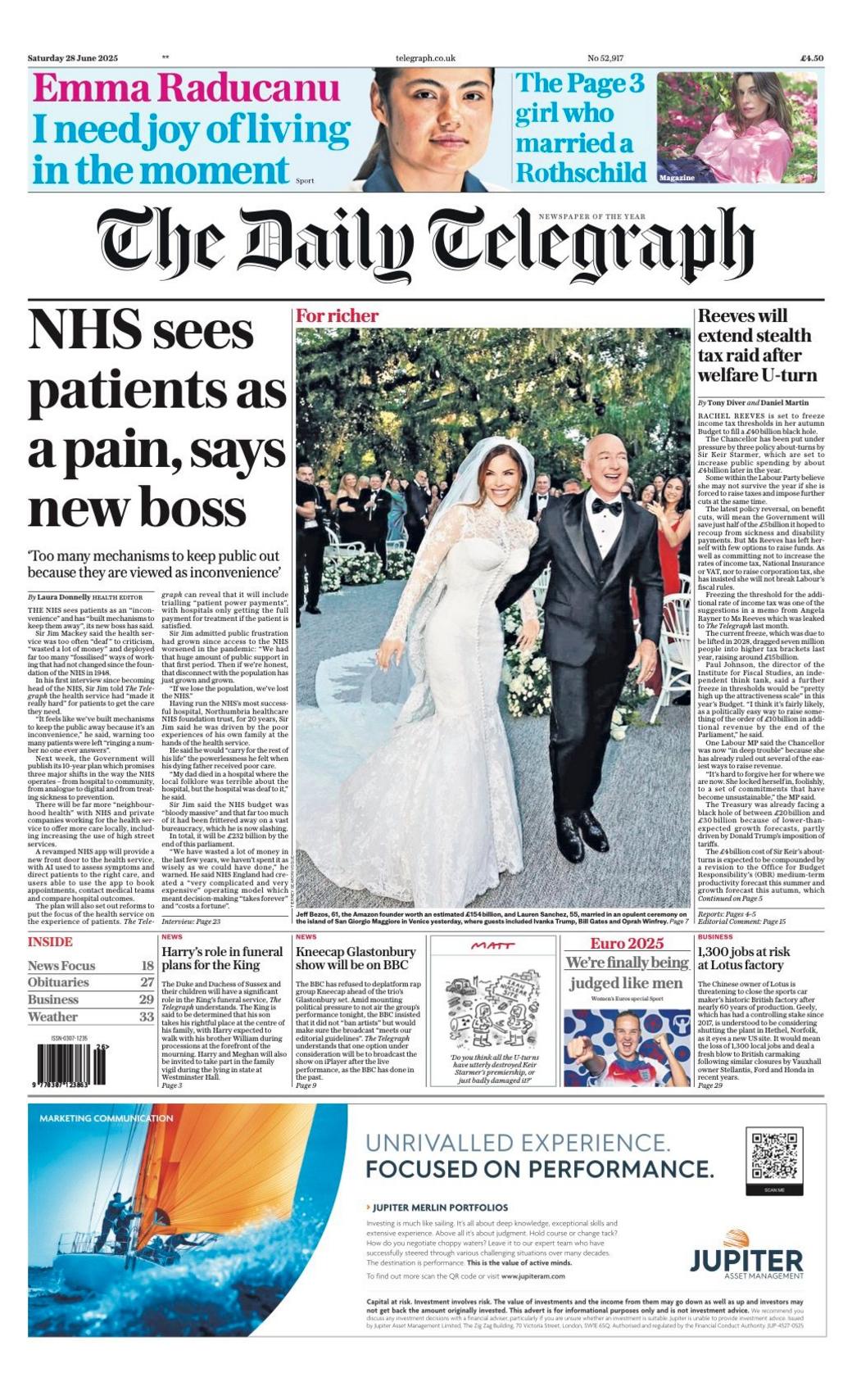 The headline on the front page of the Daily Telegraph reads: "NHS sees patients as a pain, says new boss".