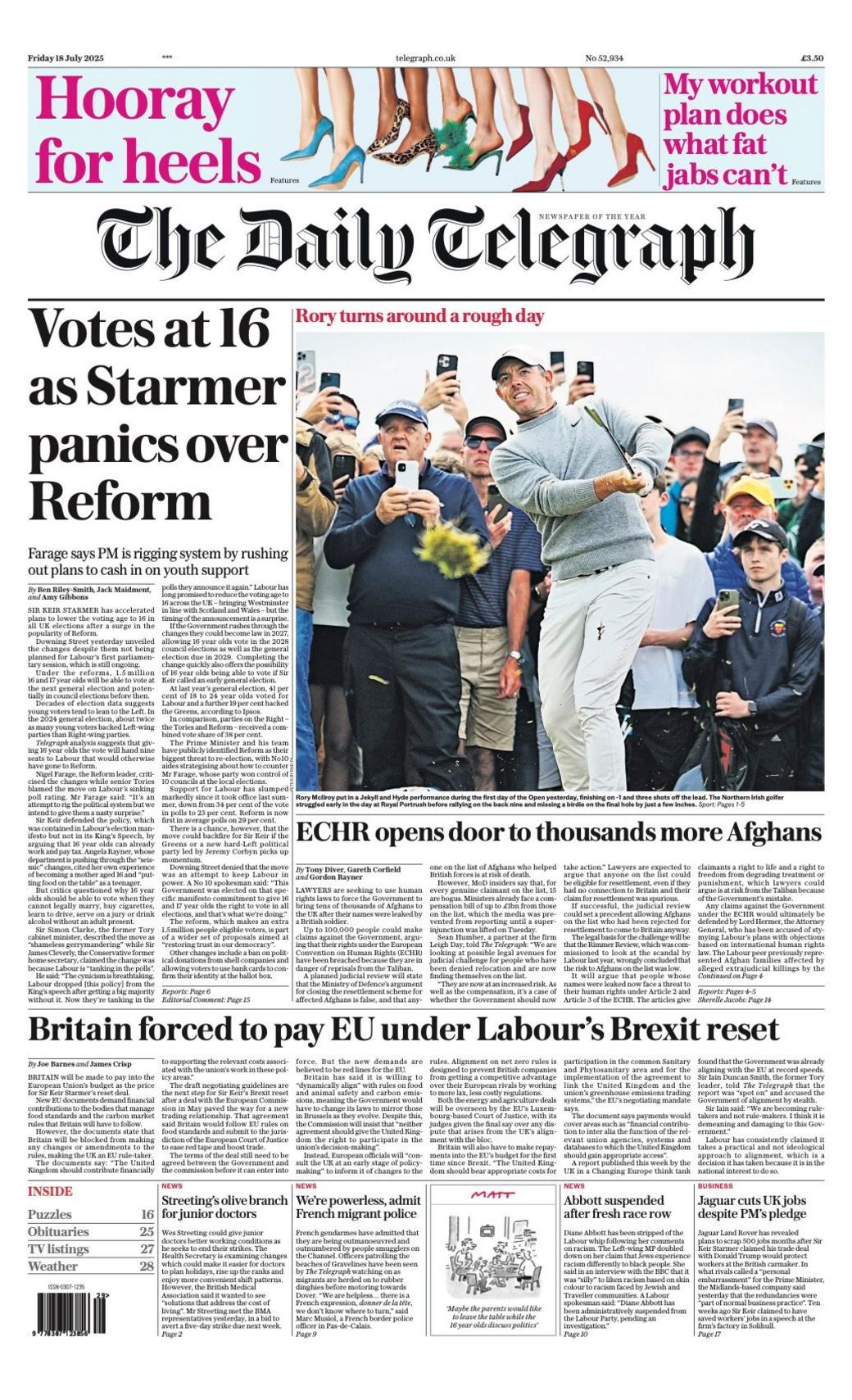 The headline on the front page of the Daily Telegraph reads: “Votes at 16 as Starmer panics over reform”
