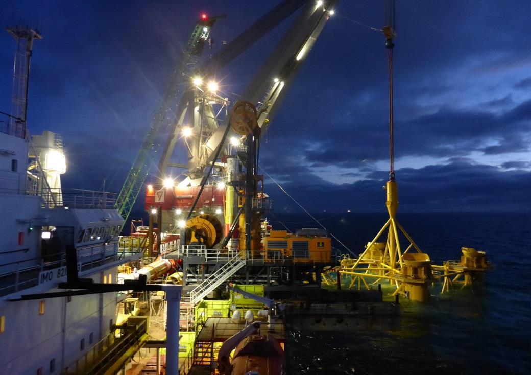 Ship installing first cluster of foundation piles