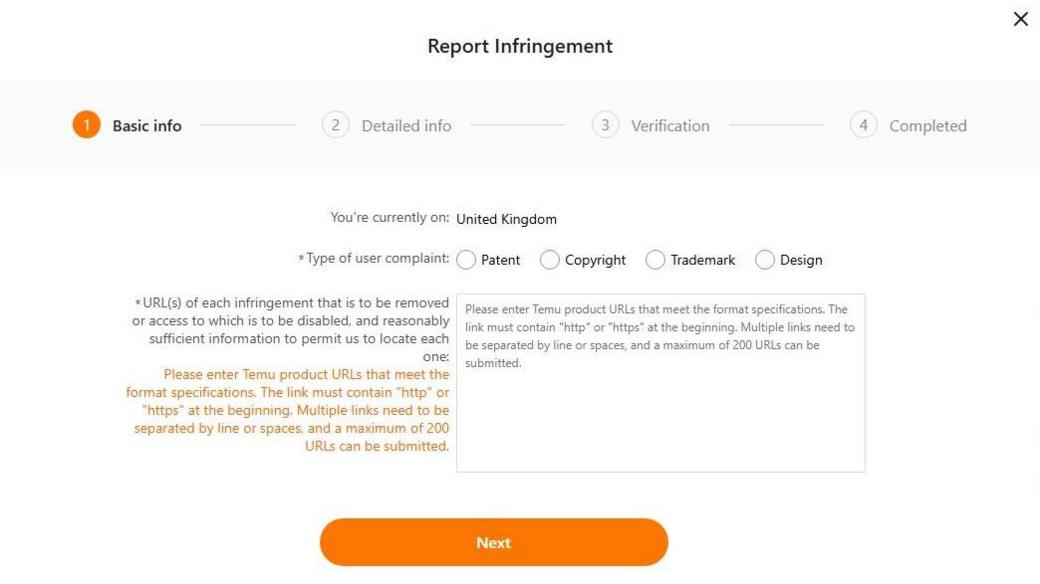 Temu's online intellectual property infringement report portal. Headline 'Report infringement' with a textbox provided below to describe infringed work.