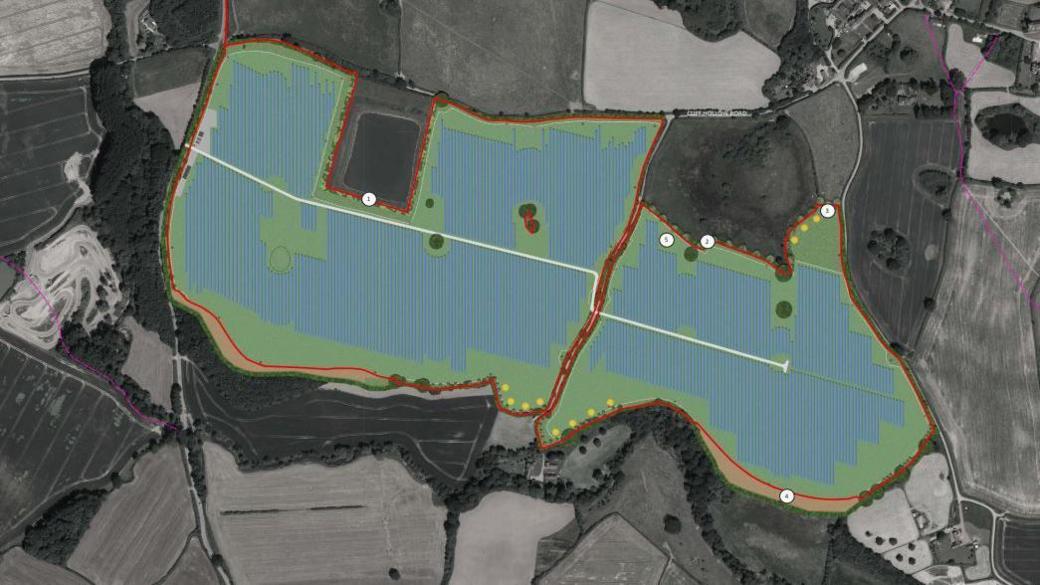 A bird's eye plan view of Berrington solar farm