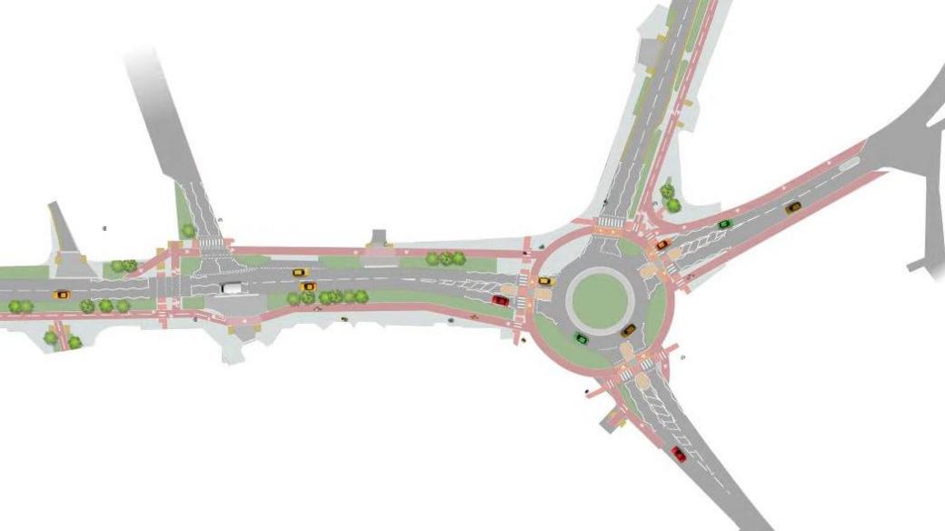 An artist's impression of the new roundabout. Zebra crossings are marked on each exit with a cycle lane moving clockwise around the roundabout. 