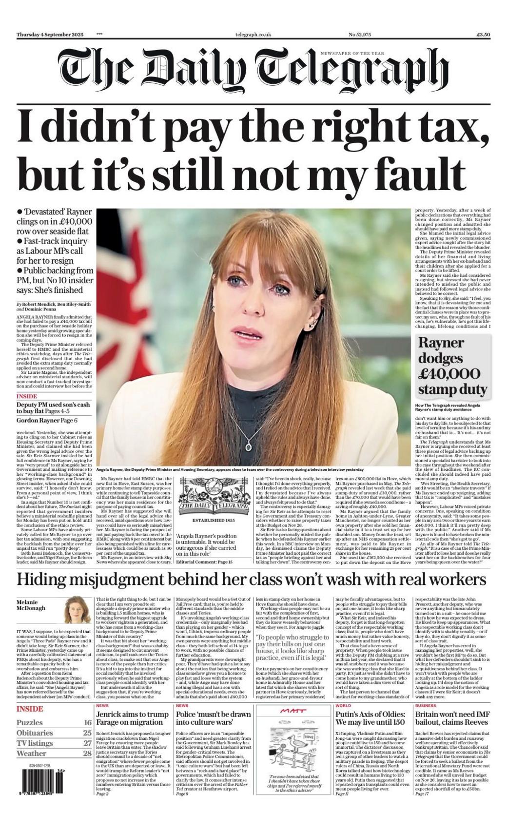 The headline on the front page of the Daily Telegraph reads: "I didn't pay the right tax but it's still not my fault".