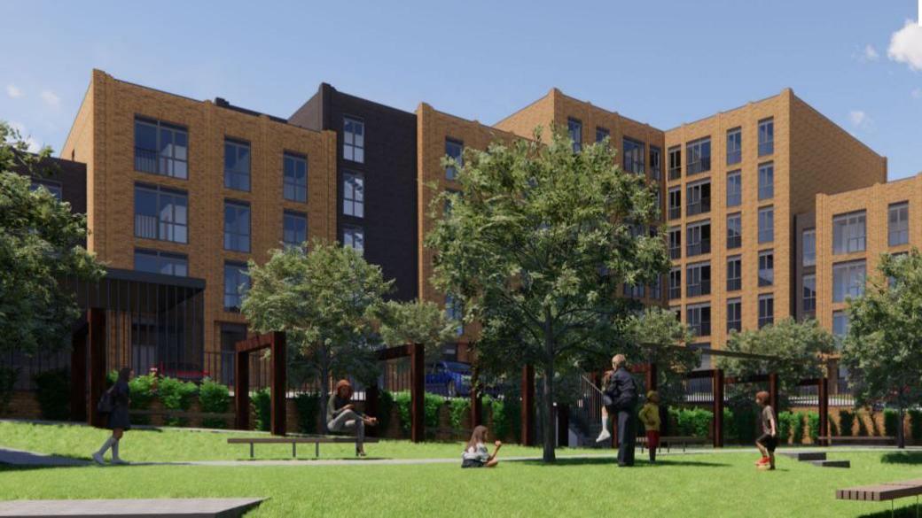 A CGI illustration of what the six-storey apartment blocks could have looked like, featuring high rise blocks and people playing in a playground area