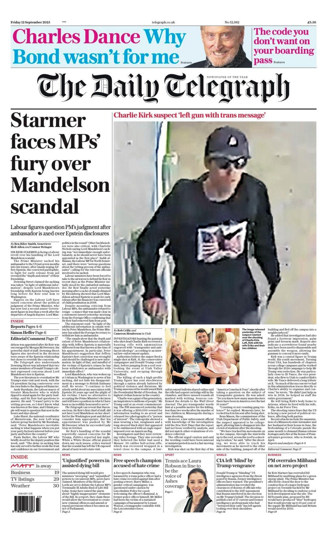 The headline on the front page of the Telegraph reads: “Starmer faces MPs' fury over Mandelson scandal”.