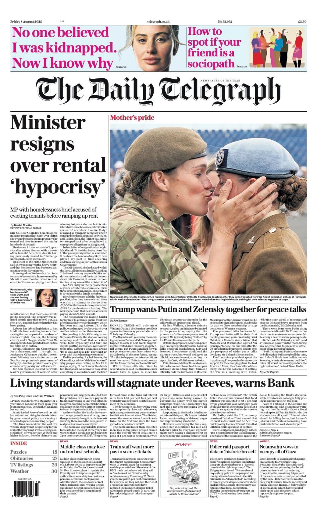The headline on the front page of the Daily Telegraph reads: "Minister resigns over rental 'hypocrisy'"