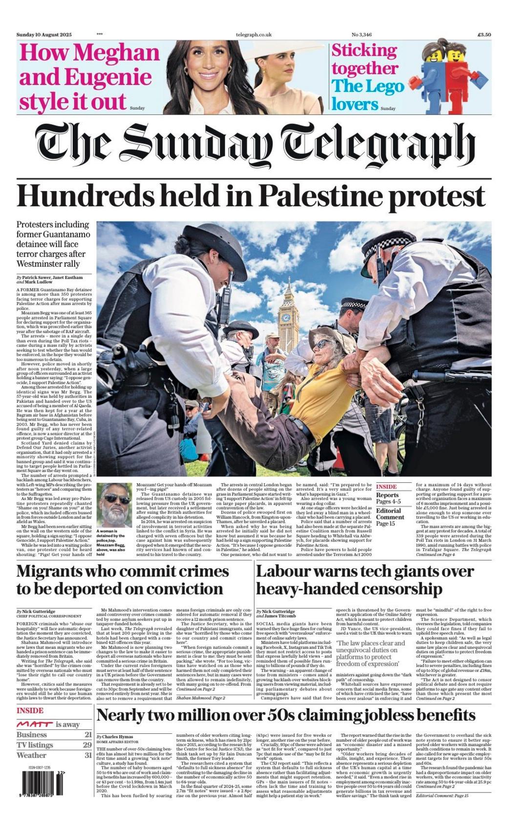 The headline on the front page of the Sunday Telegraph reads: "Hundreds held in Palestine protest".